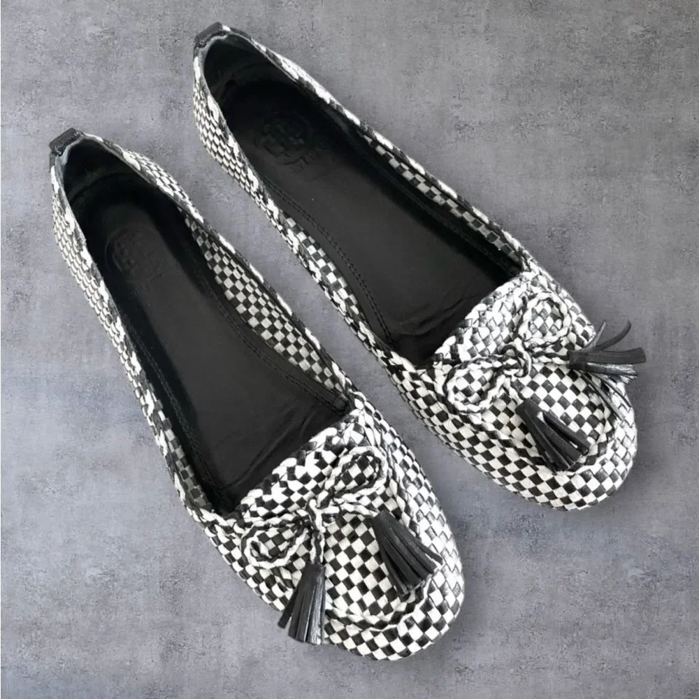 TORY BURCH Russell Black White Check Loafer Soft Leather Flats